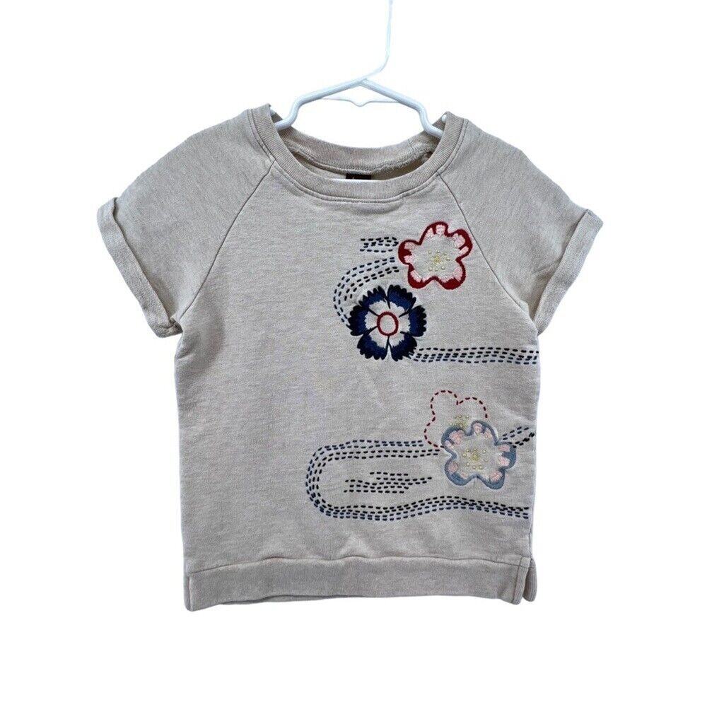 Tea Size 6 Knit Sweatshirt Top Short Sleeve Embroidered Floral Design Tan Girls